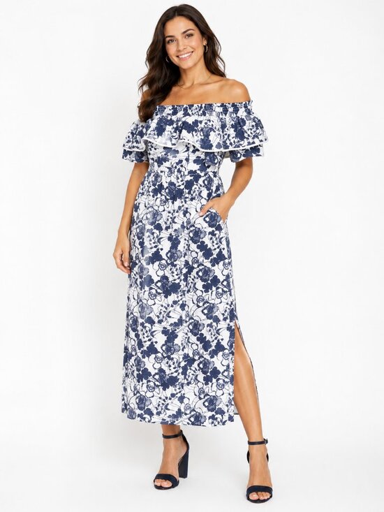 Chelsea28 Dresses & Skirts - CHELSEA28 White Navy Floral Maxi Dress Off the Shoulder Fairy Size 0 or 2